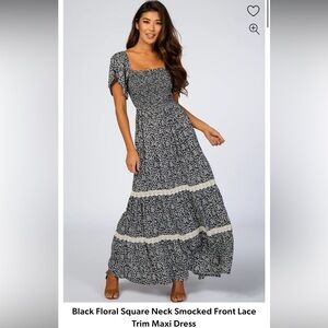 Black Floral Square Neck Smocked Front Lace Trim Maxi Dress
